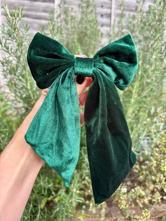 XL green velvet hair bow